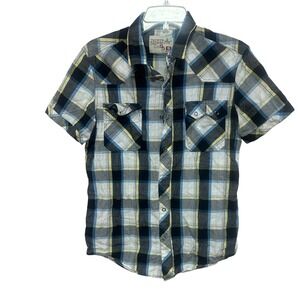 JNCO Crown Brand Men's Plaid Short Sleeve Snap Front Skater Shirt Size S‎